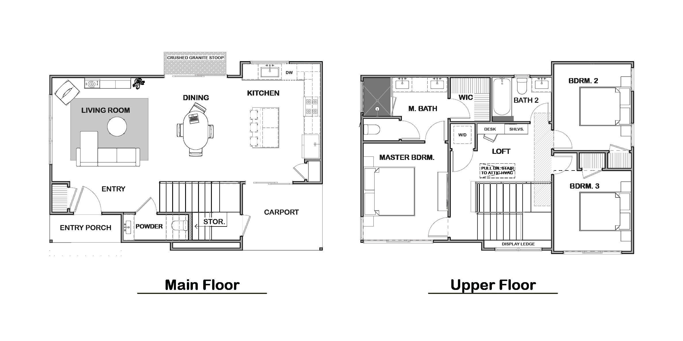 Residence 1 floor plan, main and upper floors