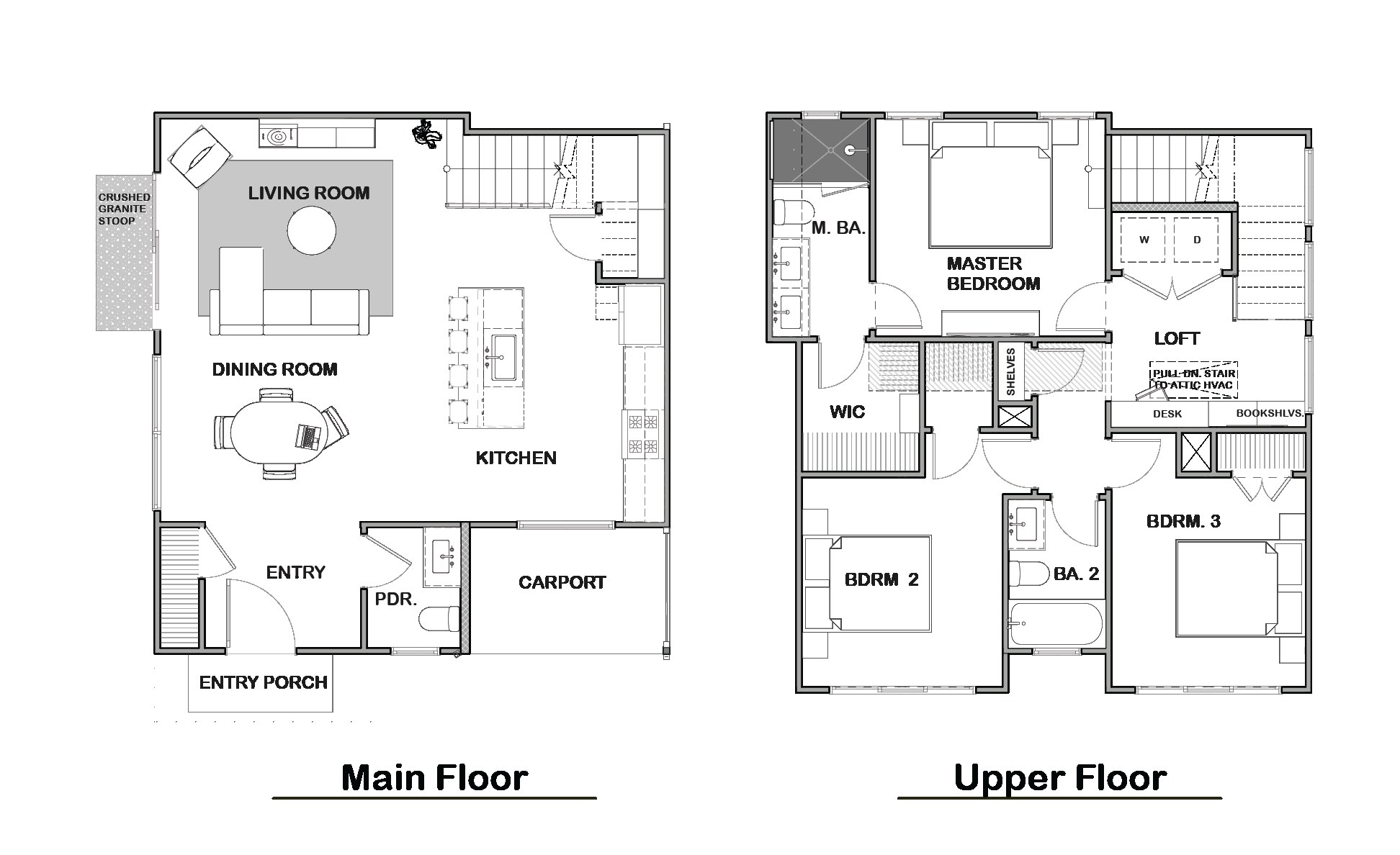 Residence 2 floor plan, main and upper floors