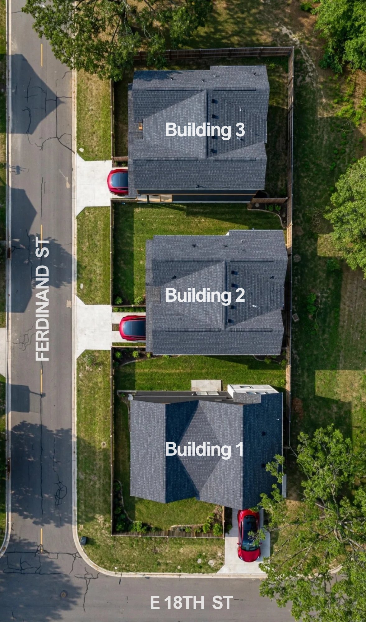 Overhead rendering of 2200 E 18th Street showing Residence 3 at the north end and Residence 2 at the center, both facing Ferdinand Street to the west, and Residence 1 at the corner facing East 18th Street to the south